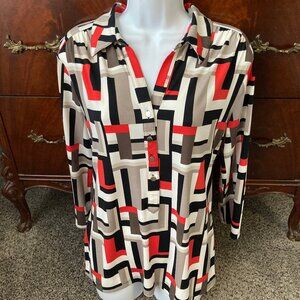 Alfani Colorblock Black Gray Red White 3/4 Blouse Large